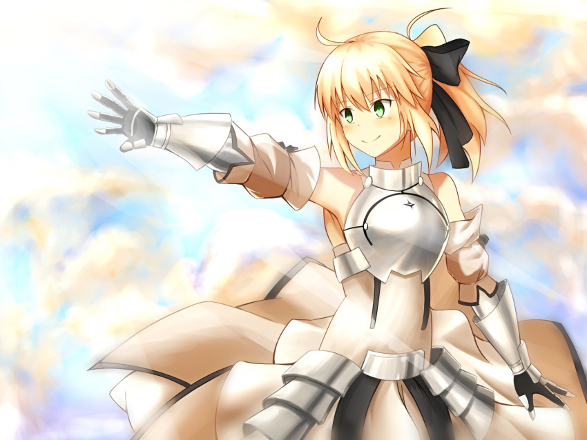 1girl armor armored_dress artoria_pendragon_(all) black_bow blonde_hair bow breastplate dress eyebrows_visible_through_hair fate/grand_order fate/unlimited_codes fate_(series) faulds floating_hair gauntlets green_eyes hair_between_eyes hair_bow hands_on_hilt highres long_hair looking_at_viewer outdoors petals ponytail saber_lily signature sleeveless sleeveless_dress solo standing sunflower8780 white_dress