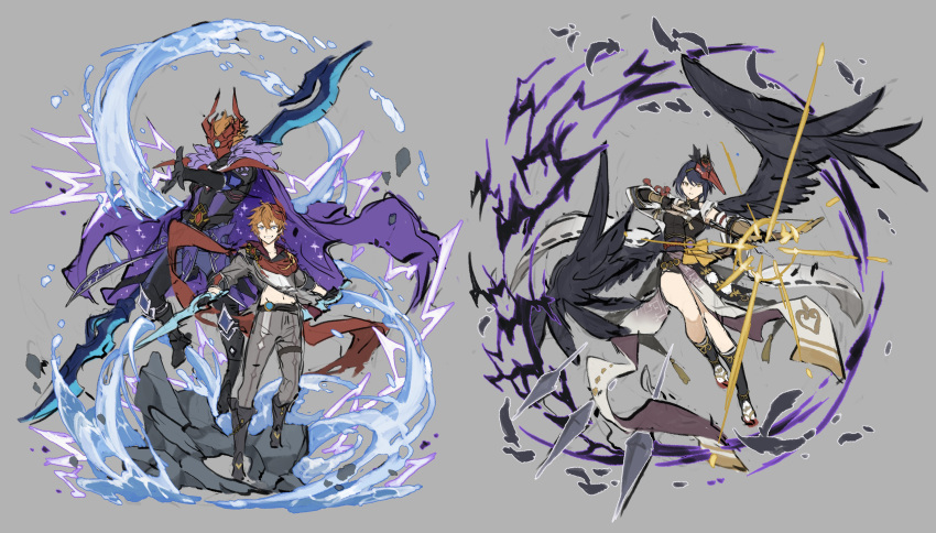 1boy 1girl absurdres arrow_(projectile) bangs black_footwear black_hair black_legwear black_wings blue_eyes boots bow_(weapon) breasts cape closed_mouth dual_wielding earrings electricity feathered_wings full_body genshin_impact gloves grey_background highres holding holding_arrow holding_bow_(weapon) holding_polearm holding_weapon japanese_clothes jewelry kneehighs kujou_sara mask mask_on_head multiple_views orange_hair papajay_(jennygin2) polearm short_hair simple_background single_earring tartaglia_(genshin_impact) water weapon wings yellow_eyes