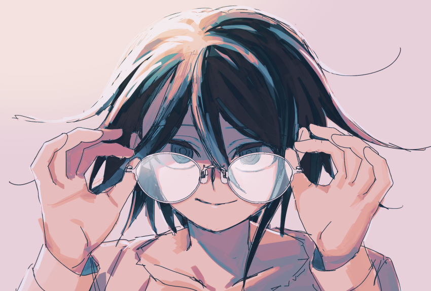 1boy 50k_v3 bangs bespectacled closed_mouth collarbone commentary_request danganronpa_(series) danganronpa_v3:_killing_harmony glasses grey_background hair_between_eyes hands_up highres long_sleeves male_focus medium_hair messy_hair ouma_kokichi portrait shiny shiny_hair simple_background smile solo violet_eyes