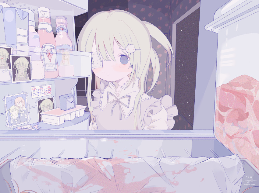 1girl bandages bow crazy eguchi_saan eyepatch hair_ornament hairclip highres looking_inside original pale_skin pastel_colors picture_(object) raw_meat refrigerator ribbon short_ponytail solo violet_eyes white_hair