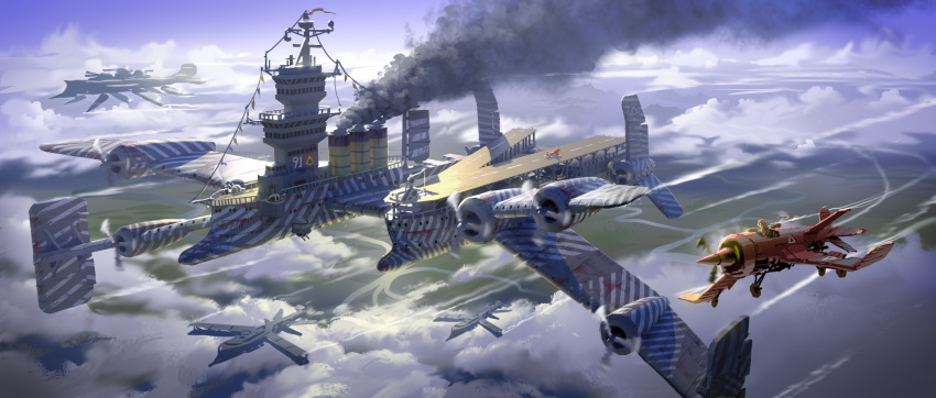 aircraft airplane airship ambiguous_gender bomber_jacket clouds commentary dalu0831 fantasy flag flight_deck flight_goggles highres jacket military original scarf scenery smoke smokestack