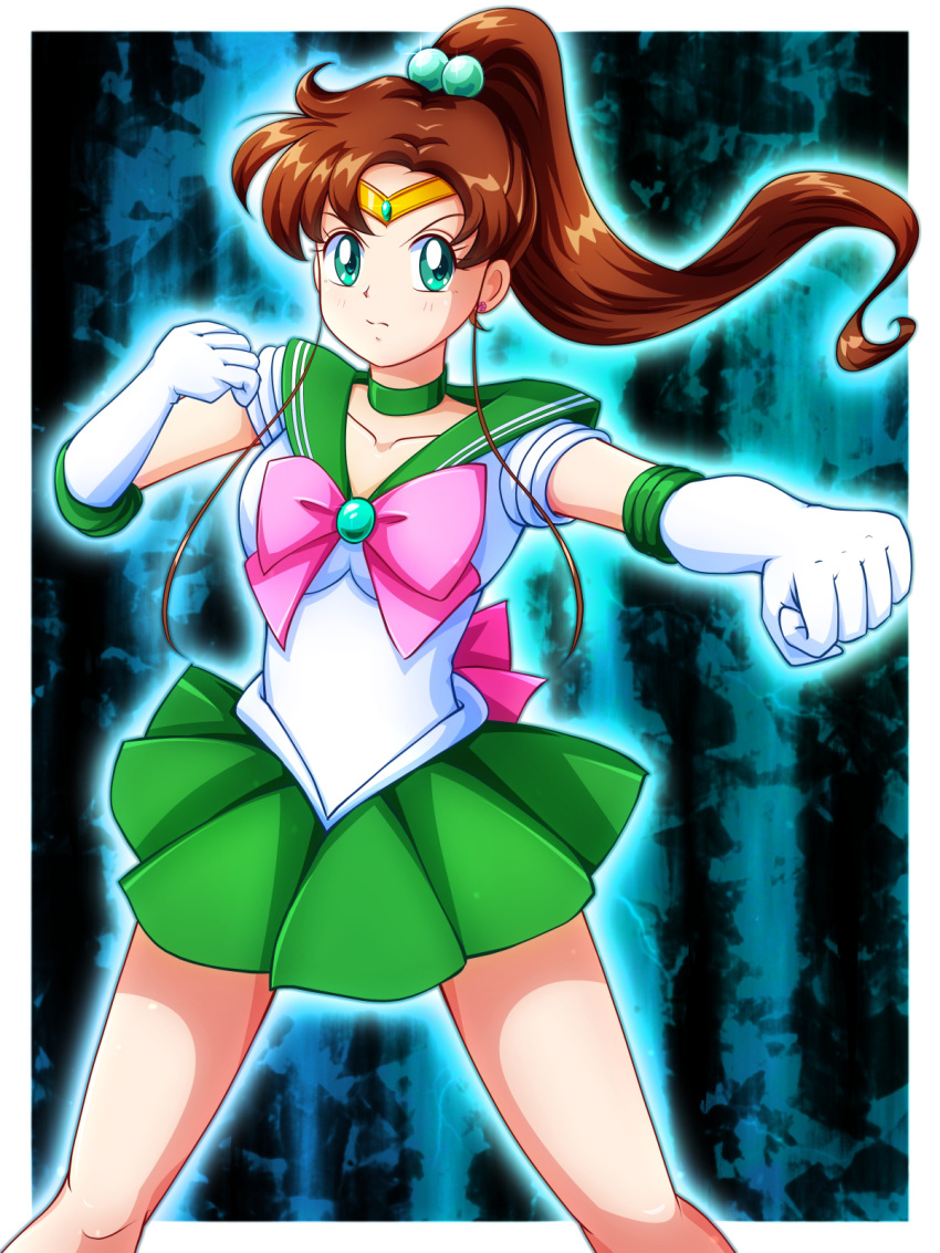 1girl back_bow bishoujo_senshi_sailor_moon bow brown_hair choker earrings elbow_gloves gloves green_eyes green_sailor_collar green_skirt hair_bobbles hair_ornament happy_birthday high_ponytail jewelry long_hair looking_at_viewer mimimix miniskirt pink_lips pink_neckwear pleated_skirt rose_earrings sailor_collar sailor_jupiter sailor_senshi_uniform shirt short_sleeves signature simple_background skirt solo white_gloves white_shirt