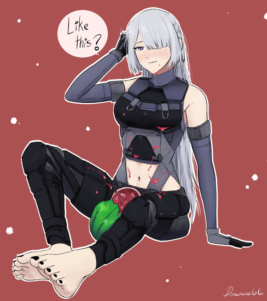 1girl ak-15_(girls'_frontline) artist_name bangs black_gloves black_nails black_pants blush breasts closed_mouth crushed darkpulsegg elbow_gloves english_text eyebrows_visible_through_hair feet food foot_focus fruit full_body girls_frontline gloves hair_between_eyes hair_over_one_eye hand_in_hair hand_on_floor highres long_bangs long_hair looking_at_viewer medium_breasts nail_polish navel on_floor pants red_background silver_hair solo tactical_clothes toenail_polish toenails toes violet_eyes watermelon