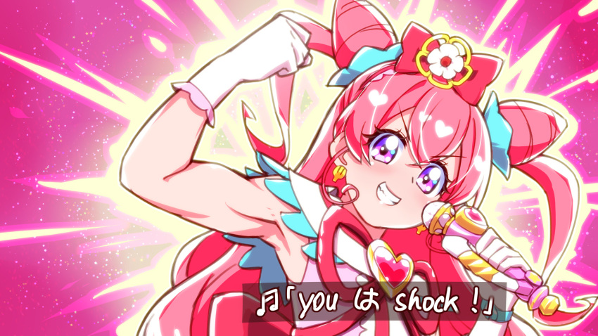 1girl armpits blush bow brooch cure_precious delicious_party_precure double_bun earrings gloves grin hair_bow hair_cones heart_brooch highres holding jewelry long_hair looking_at_viewer magical_girl nagomi_yui pink_background pink_hair precure red_bow rin_takanashi_glacies smile solo two_side_up upper_body violet_eyes white_gloves