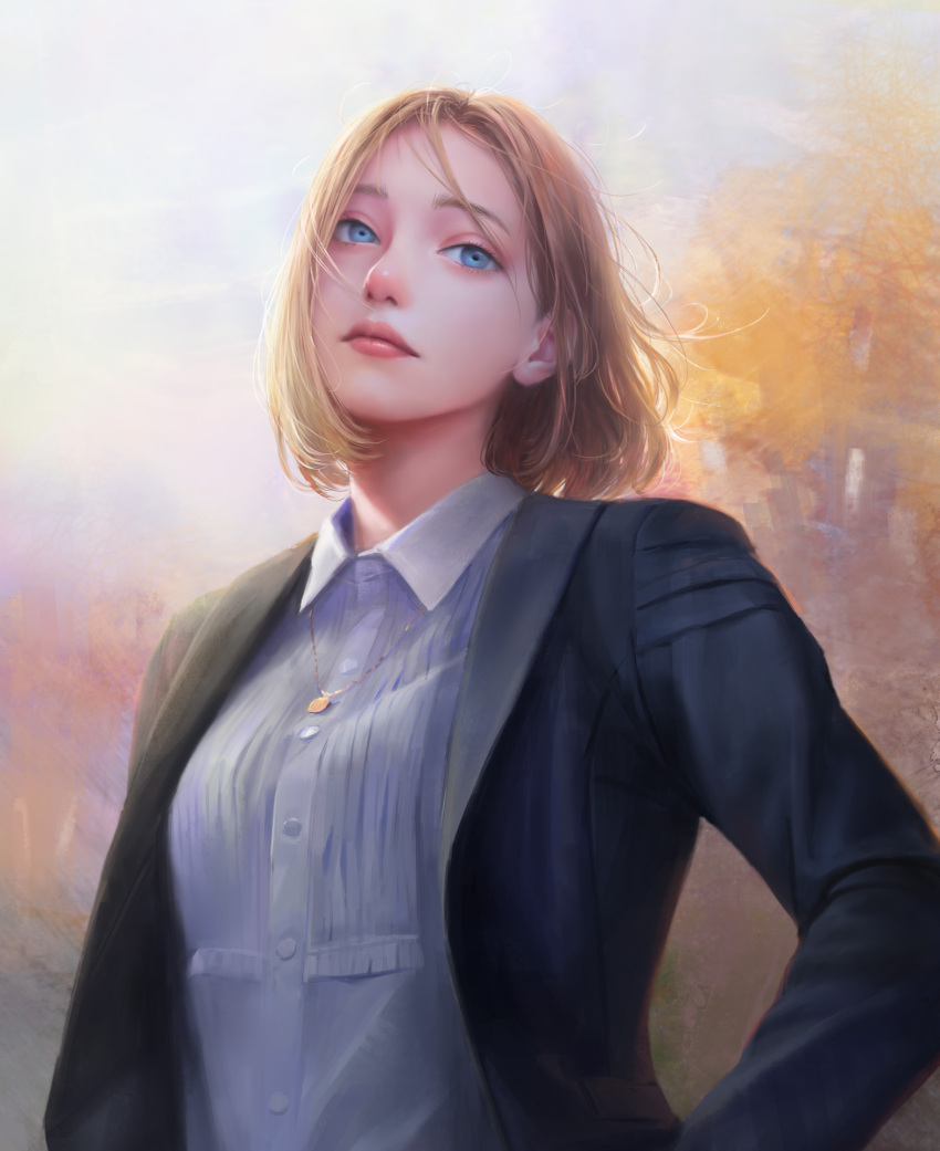 1girl black_jacket blonde_hair blue_eyes collared_shirt commentary dated_commentary highres jacket jewelry lipstick long_sleeves looking_at_viewer makeup nababa necklace open_clothes open_jacket original red_lips shirt short_hair solo upper_body white_shirt wind