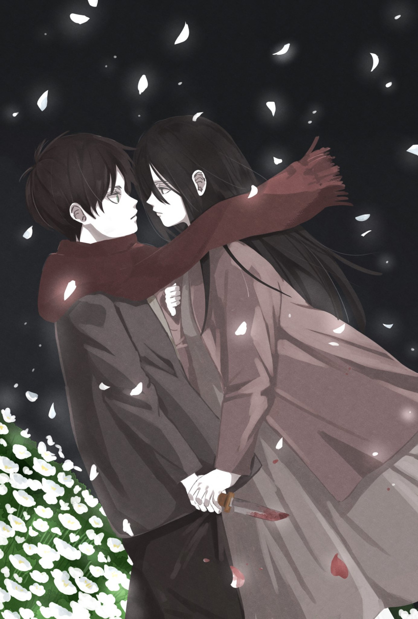 1boy 1girl couple eren_yeager knife long_hair mikasa_ackerman muffler nasu10co17 shingeki_no_kyojin short_hair