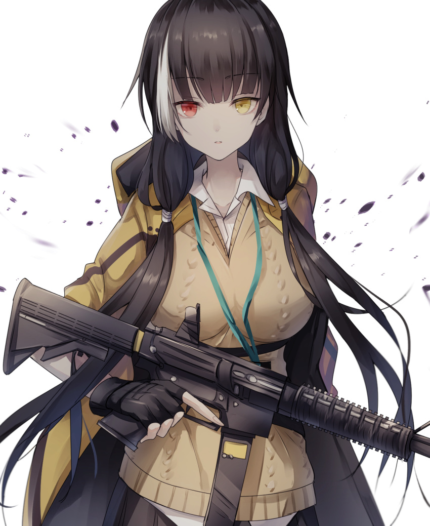 1girl bangs black_gloves black_hair breasts brown_vest closed_mouth eyebrows_visible_through_hair fingerless_gloves girls_frontline gloves gun hair_ornament hairclip heterochromia highres holding holding_gun holding_weapon hood hooded_jacket id_card jacket kogarashi_kon long_hair looking_at_viewer multicolored_hair open_clothes open_jacket red_eyes ro635 ro635_(girls'_frontline) shirt solo upper_body vest weapon white_background white_shirt yellow_eyes yellow_jacket