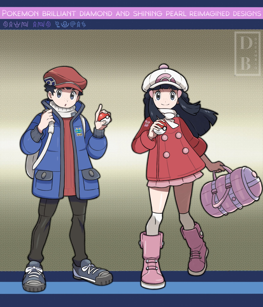 1boy 1girl :o backpack bag black_hair blue_coat boots closed_mouth coat commentary copyright_name dreambig duffel_bag eyelashes floating_hair full_body grey_eyes grey_footwear hair_ornament hairclip hand_up hat highres hikari_(pokemon) holding holding_poke_ball long_hair long_sleeves lucas_(pokemon) outline over-kneehighs pants pink_bag pink_footwear poke_ball poke_ball_(basic) pokemon pokemon_(game) pokemon_bdsp red_coat red_headwear red_sweater scarf shoes short_hair sidelocks smile standing sweater thigh-highs watermark white_bag white_headwear white_legwear white_scarf