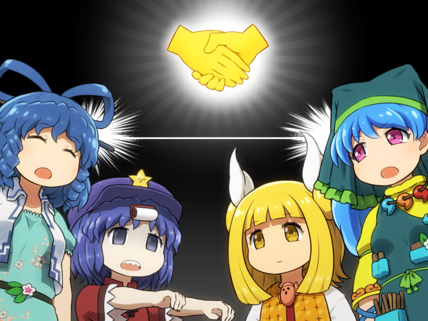 4girls apron aqua_dress arm_ribbon blonde_hair blue_eyes blue_hair blue_headwear blue_ribbon chinese_clothes closed_eyes commentary double_bun dress emoji empty_eyes eyebrows_visible_through_hair green_apron green_headwear hair_ribbon hair_rings haniwa_(statue) haniyasushin_keiki hat hat_ornament head_scarf joutouguu_mayumi kaku_seiga long_hair magatama magatama_necklace medium_hair miyako_yoshika multiple_girls ofuda open_clothes open_mouth open_vest pink_eyes red_shirt ribbon sharp_teeth shirosato shirt short_hair short_sleeves star_(symbol) star_hat_ornament tangzhuang teeth touhou vest white_ribbon white_vest yellow_dress yellow_eyes