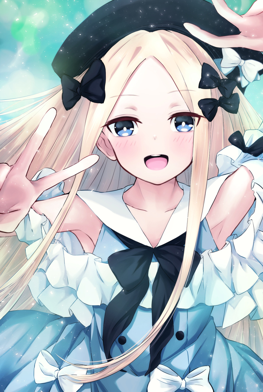 1girl abigail_williams_(fate) bangs bare_shoulders beret black_bow black_headwear blonde_hair blue_dress blue_eyes blush bow breasts collarbone double_v dress fate/grand_order fate_(series) forehead frills hair_bow harii_(janib5kc) hat highres long_hair looking_at_viewer open_mouth parted_bangs small_breasts smile solo v