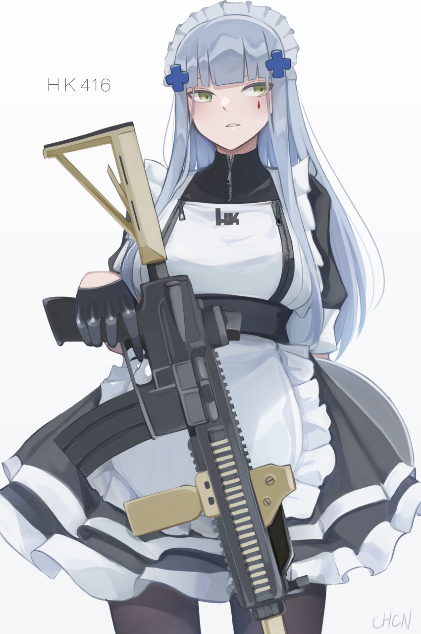 1girl alternate_costume arm_behind_back artist_name assault_rifle bangs black_gloves black_legwear blue_hair character_name chcn enmaided eyebrows_visible_through_hair feet_out_of_frame girls_frontline gloves green_eyes gun h&amp;k_hk416 hair_ornament hairclip highres hk416_(girls'_frontline) holding holding_gun holding_weapon long_hair looking_up maid pantyhose rifle solo standing teardrop_facial_mark teardrop_tattoo weapon white_background