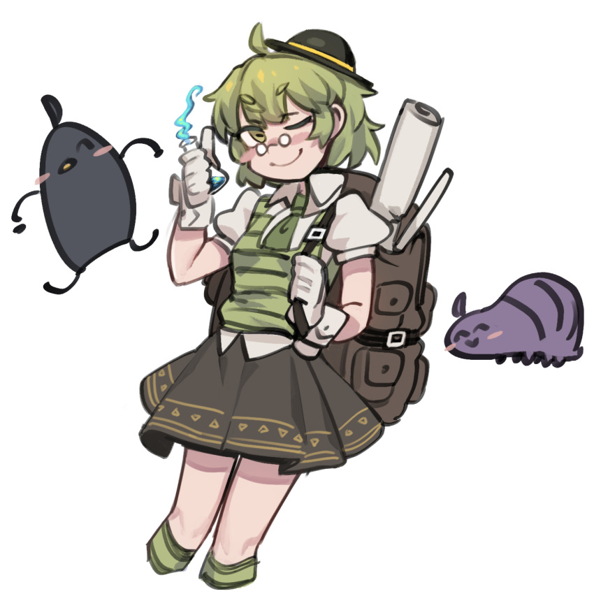 1girl ;) ahoge backpack bag bangs black_headwear black_skirt closed_mouth collared_shirt cropped_legs erlenmeyer_flask eyebrows_visible_through_hair flask gloves green_hair green_legwear green_necktie green_neckwear green_vest hand_up hat highres holding holding_flask horizontal_pupils mini_hat necktie nyong_nyong one_eye_closed original pince-nez scroll shirt simple_background skirt smile solo striped striped_legwear striped_vest v-shaped_eyebrows vest white_background white_gloves white_shirt wrist_cuffs yellow_eyes