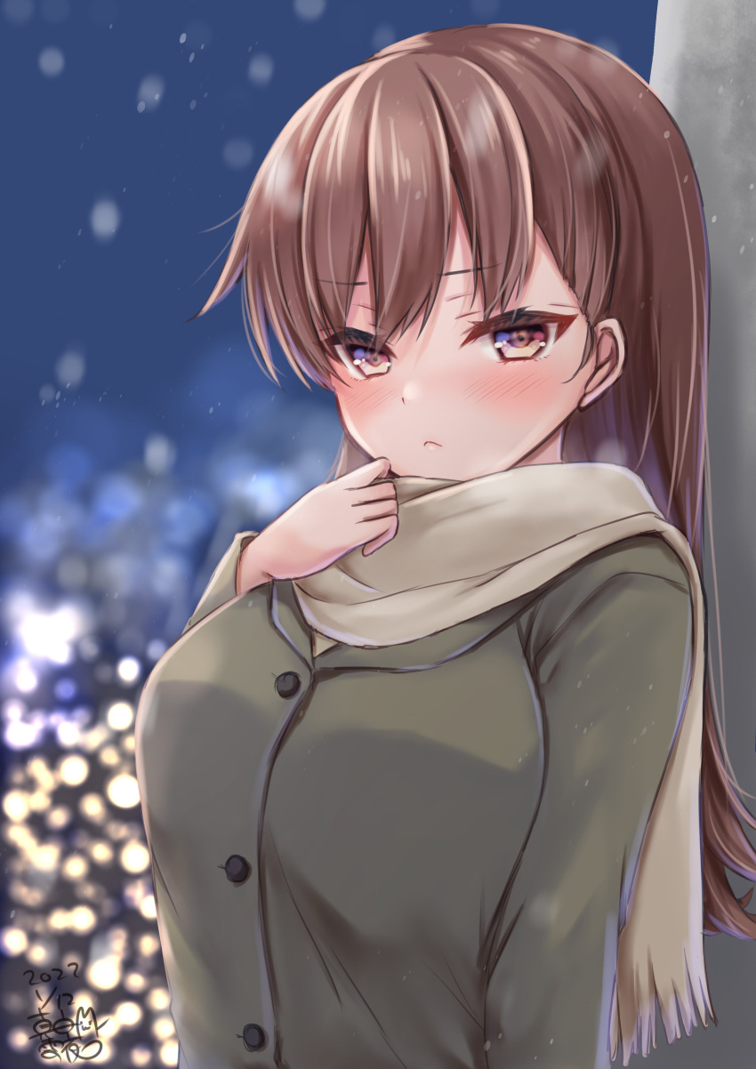 1girl absurdres artist_name beige_scarf blush breasts brown_eyes brown_hair buttons closed_mouth coat dated eyebrows_visible_through_hair green_coat hair_between_eyes highres kantai_collection large_breasts long_hair long_sleeves mashiro_yukiya one-hour_drawing_challenge ooi_(kancolle) scarf signature solo upper_body
