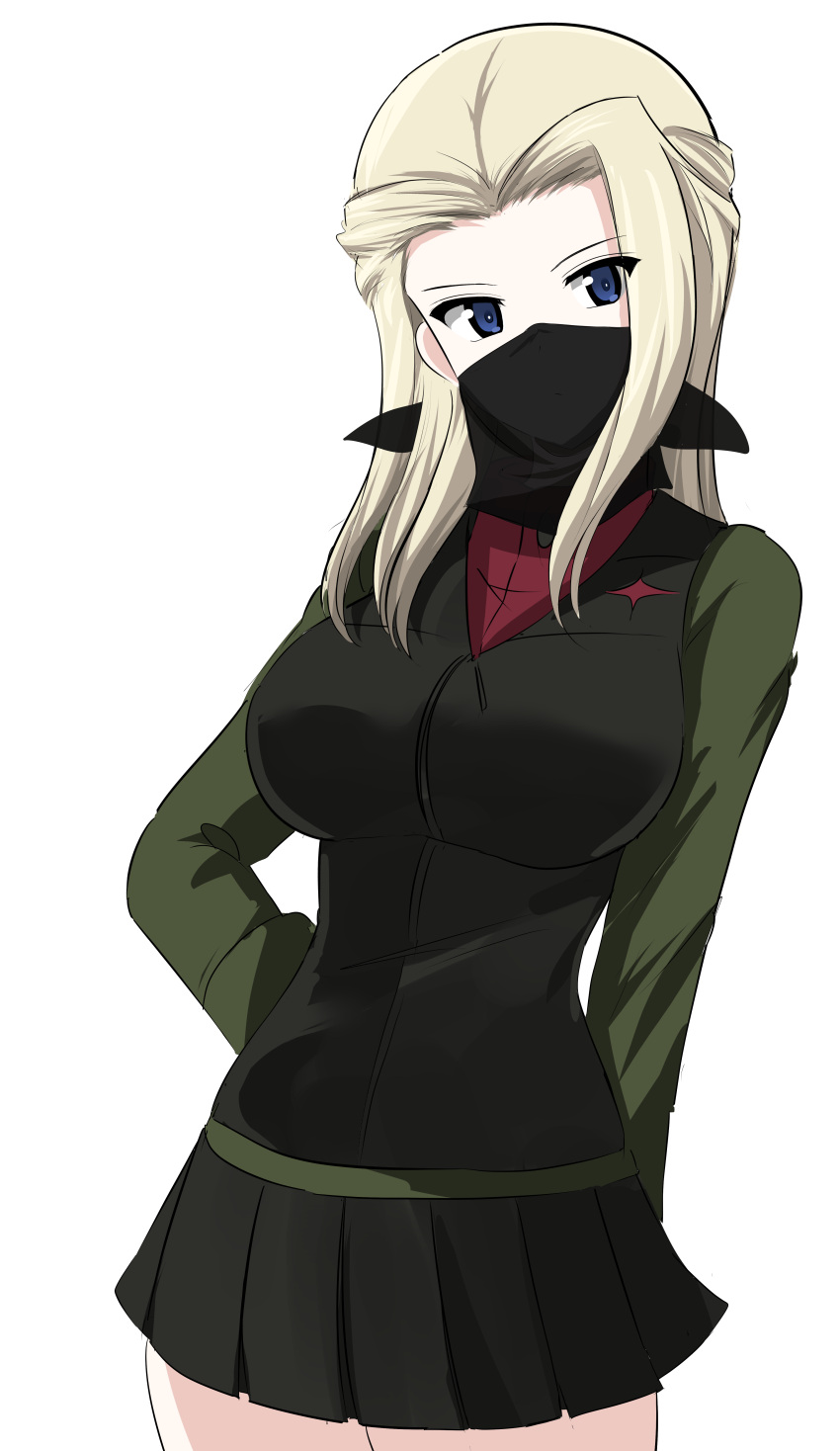 1girl absurdres aikir_(jml5160) arm_behind_back black_skirt black_vest blonde_hair blue_eyes clara_(girls_und_panzer) commentary cowboy_shot girls_und_panzer green_jacket hand_on_hip highres insignia jacket long_hair long_sleeves looking_at_viewer mask military military_uniform miniskirt mouth_mask pleated_skirt pravda_military_uniform red_shirt shirt simple_background skirt solo standing turtleneck uniform vest white_background