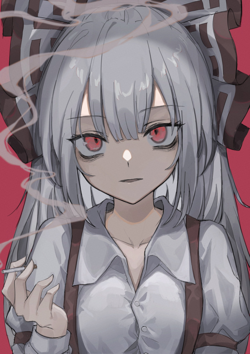 1girl absurdres bangs bow cigarette collarbone fujiwara_no_mokou hair_bow head_tilt highres hisha_(kan_moko) holding holding_cigarette juliet_sleeves long_hair long_sleeves looking_at_viewer parted_lips puffy_sleeves red_background red_eyes silver_hair simple_background smoking solo suspenders touhou upper_body