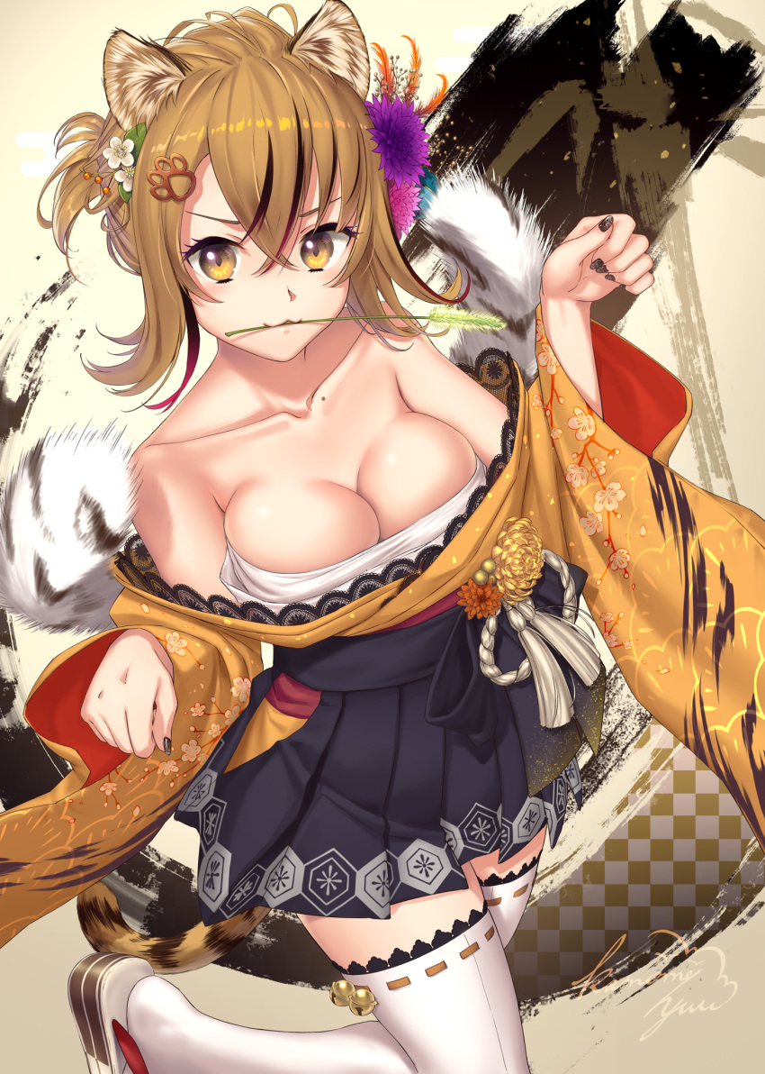 1girl animal_ears bare_shoulders black_skirt blush breasts brown_eyes brown_hair colossus commentary_request flower hair_flower hair_ornament highres kamome_yuu large_breasts looking_at_viewer mole mouth_hold multicolored_hair nail_polish original pleated_skirt short_hair signature skirt solo standing standing_on_one_leg tail thigh-highs two-tone_hair white_legwear zettai_ryouiki