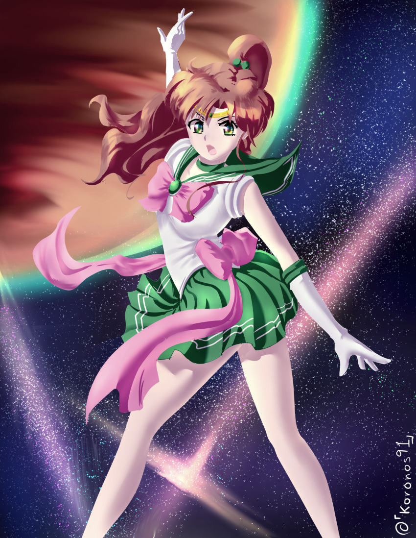1girl back_bow bishoujo_senshi_sailor_moon bow brown_hair choker earrings elbow_gloves gloves green_eyes green_sailor_collar green_skirt hair_bobbles hair_ornament happy_birthday high_ponytail jewelry koronos long_hair looking_at_viewer miniskirt pink_lips pink_neckwear pleated_skirt rose_earrings sailor_collar sailor_jupiter sailor_senshi_uniform shirt short_sleeves signature simple_background skirt solo white_gloves white_shirt