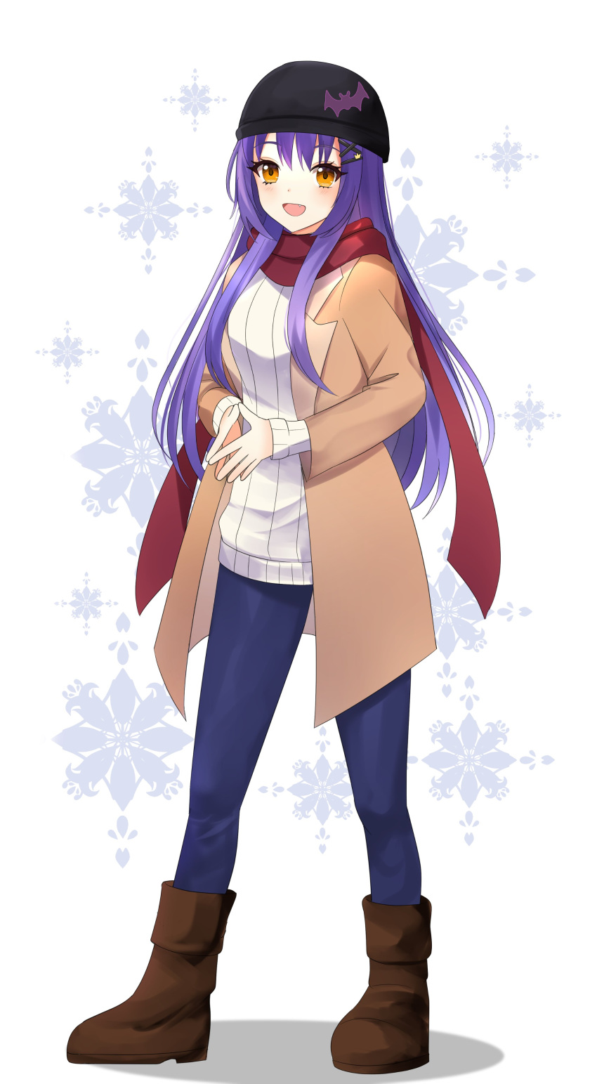 1girl absurdres beanie black_headwear blue_pants blush boots breasts brown_coat brown_footwear coat commentary english_commentary fang fingers_together full_body hair_ornament hat highres long_hair medium_breasts open_mouth pants purple_hair red_scarf scarf shinhrofficer simple_background smile solo standing sweater tsunderia virtual_youtuber white_background white_sweater x_hair_ornament yazaki_kallin yellow_eyes
