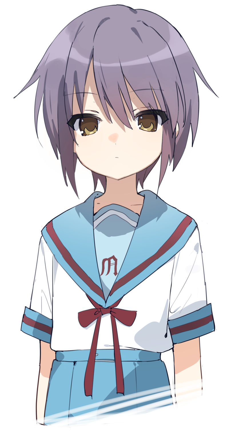 1girl absurdres bangs belt blue_sailor_collar blue_skirt brown_eyes buran_buta closed_mouth expressionless eyebrows_visible_through_hair eyes_visible_through_hair highres kita_high_school_uniform looking_at_viewer nagato_yuki purple_hair red_ribbon ribbon sailor_collar school_uniform serafuku short_hair short_sleeves simple_background skirt solo suzumiya_haruhi_no_yuuutsu upper_body white_background