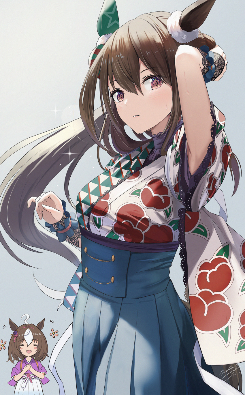 2girls absurdres admire_vega_(umamusume) ahoge animal_ears arm_behind_head bangs breasts brown_hair closed_eyes ear_covers furisode hakama hand_up highres horse_ears horse_girl horse_tail japanese_clothes kimono m.a.y. medium_breasts meisho_doto_(umamusume) multicolored_hair multiple_girls own_hands_together parted_lips ponytail scrunchie short_hair sidelocks signature single_ear_cover sparkle tail two-tone_hair umamusume violet_eyes white_hair wrist_scrunchie