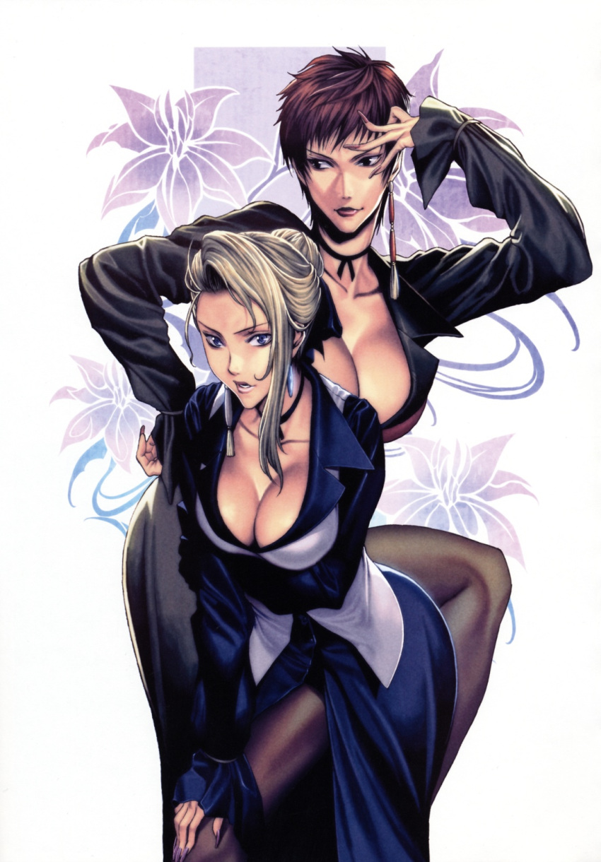 black_eyes blonde_hair blue_eyes breast_hold breasts brown_eyes brown_hair choker cleavage earrings fingernails flower hand_on_head hand_on_hip highres homare_(fool's_art) homare_(fool's_art) jewelry king_of_fighters large_breasts leaning_forward lipstick long_fingernails long_nails mature_(kof) multiple_girls nail_polish nails neck_ribbon open_mouth pantyhose red_hair redhead ribbon short_hair side_slit snk vice