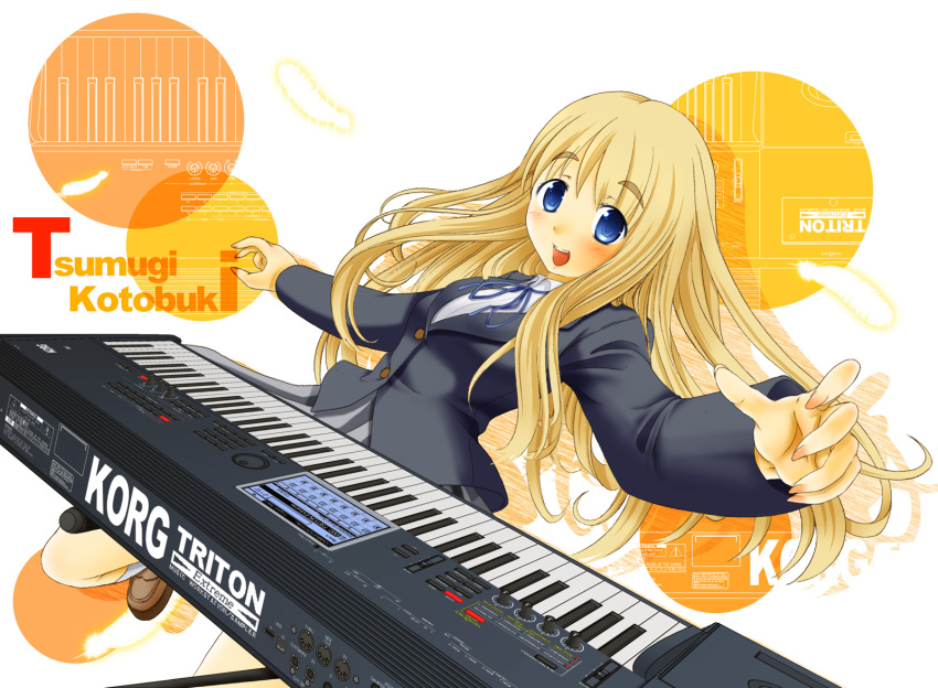 blonde_hair blue_eyes blush character_name highres instrument k-on! keyboard_(instrument) kotobuki_tsumugi long_hair nashigami_tsubute solo