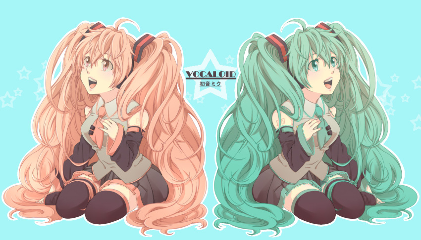 ahoge alternate_color detached_sleeves green_eyes green_hair hand_on_chest hatsune_miku highres nail_polish necktie open_mouth pink_eyes pink_hair sakura_miku singing sitting skirt star symmetry thigh_highs twintails very_long_hair vocaloid