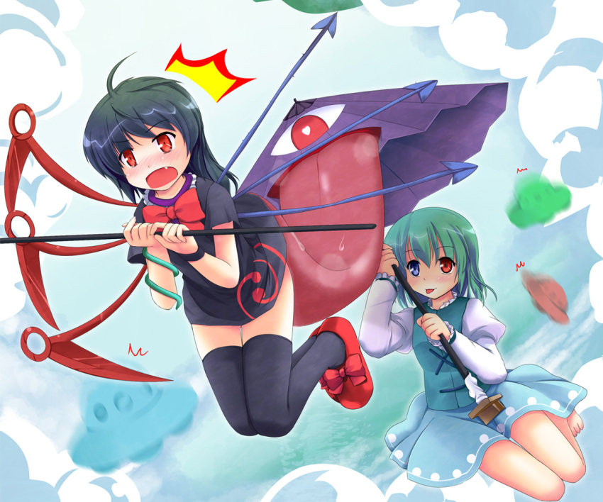 2girls aqua_hair asymmetrical_wings barefoot black_hair black_legwear blue_eyes blue_hair blush dress dress_lift fang geta green_hair heart heart-shaped_pupils heterochromia houjuu_nue karakasa_obake licking long_hair long_sleeves niiya polearm red_eyes red_shoes ribbons shoes short_hair short_sleeves sky snake surprised symbol-shaped_pupils tatara_kogasa thigh-highs thighhighs tongue touhou trident ufo umbrella weapon wings zettai_ryouiki