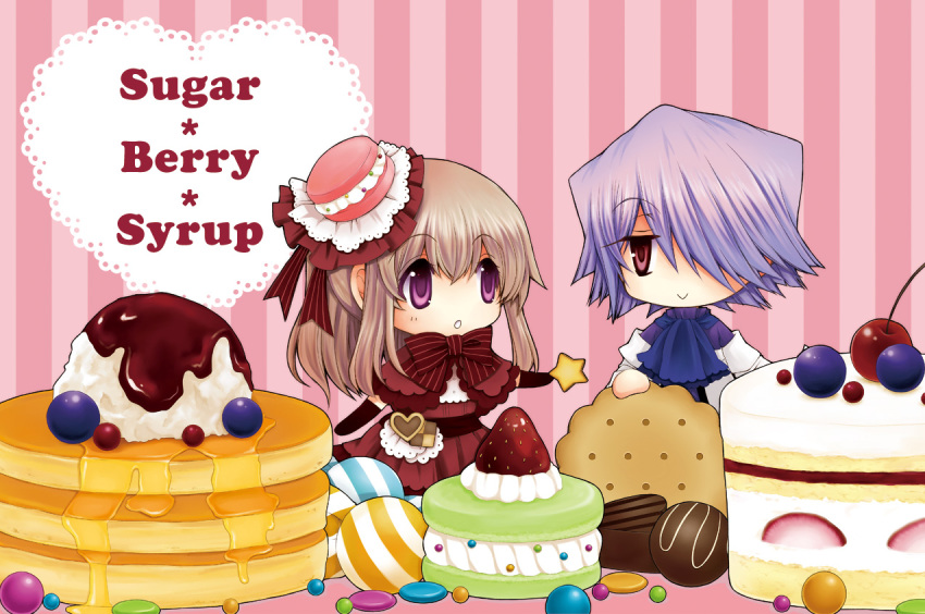 1boy 1girl brown_hair cake candy checkerboard_cookie chocolate cookie couple dress food food_themed_clothes formal hair_over_one_eye hat kuroe_(sugarberry) long_hair macaron oversized_object pancake pandora_hearts pastry ponytail purple_eyes red_eyes ribbon sharon_rainsworth silver_hair syrup xerxes_break