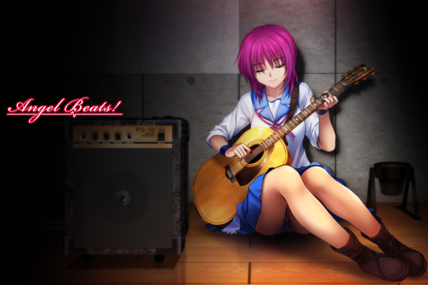 angel_beats! guitar instrument iwasawa mutsuki_(moonknives) pink_hair school_uniform serafuku sitting sleeves_rolled_up