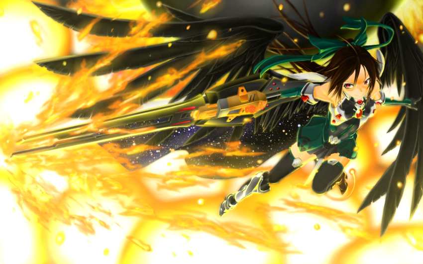 alternate_weapon arm_cannon asymmetrical_clothes black_legwear boots bow brown_hair cape elbow_gloves eyes fire gloves hair_bow highres long_hair mismatched_footwear ponytail raid_zero red_eyes reiuji_utsuho ribbons skirt solo space stars thigh-highs thighhighs touhou wallpaper weapon wings zettai_ryouiki