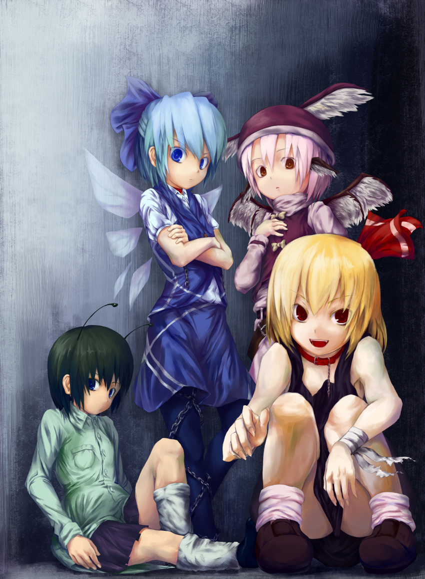against_wall alternate_costume antennae aratama bare_shoulders blonde_hair blue_eyes chain chains cirno collar contemporary crossed_arms dress dress_lift fangs fingernails green_hair hand_on_own_chest handwraps hat highres long_fingernails loose_socks mystia_lorelei pink_hair red_eyes rumia short_hair sitting skirt socks source_request squatting tank_top team_9 touhou wings wriggle_nightbug