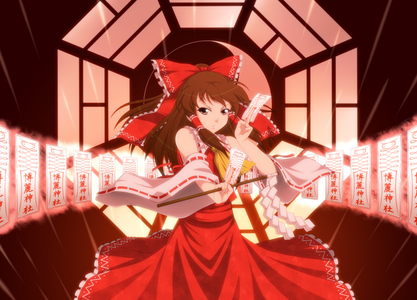 bow brown_eyes brown_hair danmaku detached_sleeves genjuu_rou hair_bow hakurei_reimu japanese_clothes long_hair miko ofuda ribbons short_hair solo touhou