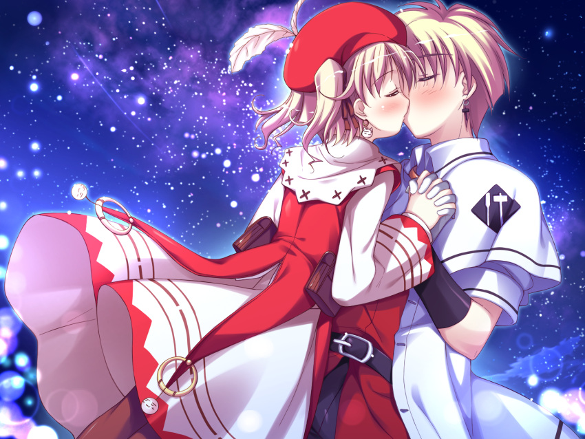 agnes_boulange blonde_hair blush dress game_cg gloves hat kiss ko~cha short_hair shukufuku_no_campanella