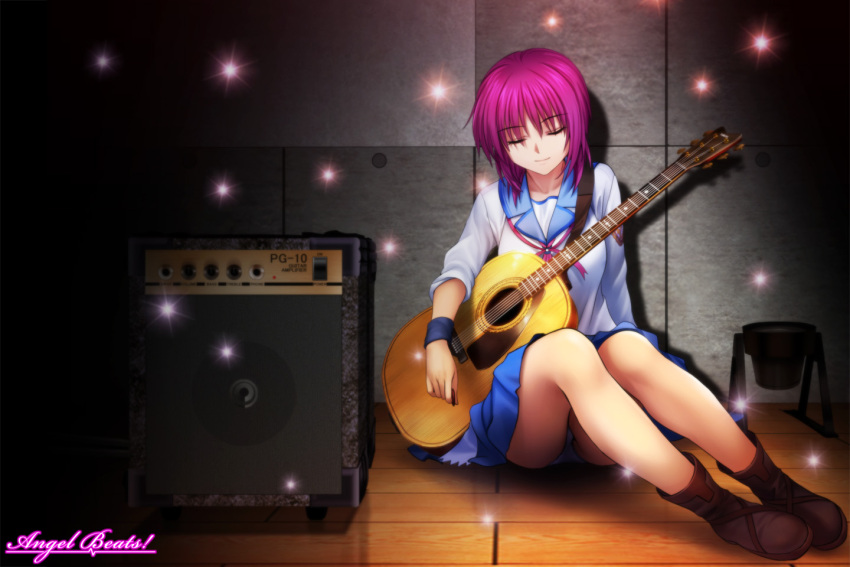 angel_beats! guitar instrument iwasawa mutsuki_(moonknives) pink_hair school_uniform serafuku sitting sleeves_rolled_up