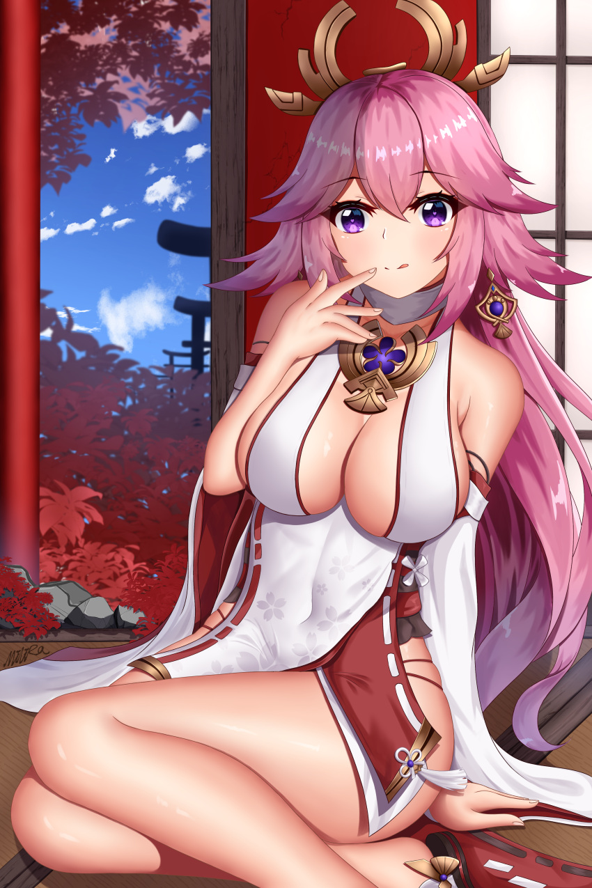 1girl :q absurdres bangs bare_shoulders breasts closed_mouth covered_navel crossed_bangs detached_sleeves eyebrows_visible_through_hair genshin_impact hair_ornament heart heart-shaped_pupils highres japanese_clothes large_breasts long_sleeves looking_at_viewer miko milira pink_hair sideboob sitting smile symbol-shaped_pupils thighs tongue tongue_out violet_eyes wide_sleeves yae_(genshin_impact)