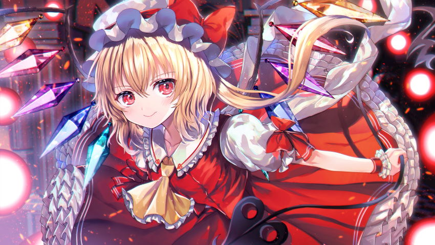 1girl abandon_ranka ascot blonde_hair blush bow collarbone commentary_request crystal danmaku embers flandre_scarlet frilled_ascot frilled_shirt_collar frills hair_between_eyes hat hat_bow highres holding laevatein long_hair looking_at_viewer mob_cap one_side_up petticoat red_bow red_eyes red_skirt red_vest skirt smile solo touhou vest white_hat wings wrist_cuffs yellow_neckwear