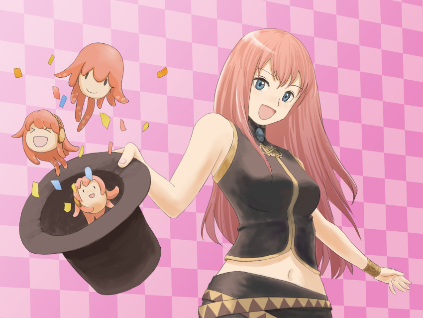 &gt;_&lt; blue_eyes breasts hat hat_removed headwear_removed highres long_hair megurine_luka nackpan navel open_mouth pink_hair skirt smile takoluka very_long_hair vocaloid xd
