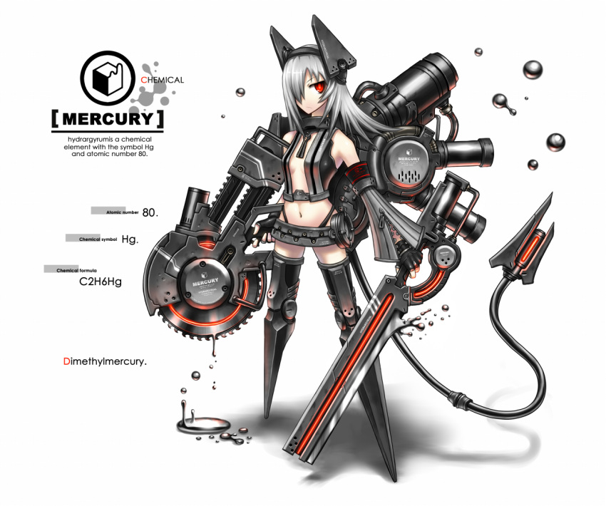 cyborg detached_sleeves dripping dual_wielding fingerless_gloves gia gloves hair_ornament hair_over_one_eye mercury navel original personification puddle red_eyes saw short_hair silver_hair solo sword tail thighhighs weapon white_hair zipper