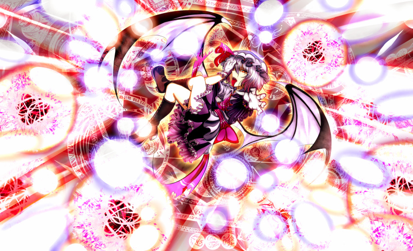 bat_wings boots crossed_legs danmaku fangs gloves glowing glowing_eyes hand_over_eye hands hat hat_ribbon highres lavender_hair magic_circle open_mouth orange_eyes outstretched_arm outstretched_hand reaching remilia_scarlet ribbon short_hair sitting so-on solo tongue touhou wings