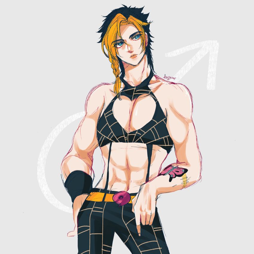 1boy abs bare_shoulders black_hair blonde_hair blue_eyes braid butterfly_tattoo cleavage_cutout clothing_cutout genderswap genderswap_(ftm) halter_top halterneck heart_cutout highres jojo_no_kimyou_na_bouken kogatarou kujo_jolyne male_focus midriff multicolored_hair pectoral_cleavage pectorals side_braid solo spider_web_print stone_ocean tattoo two-tone_hair