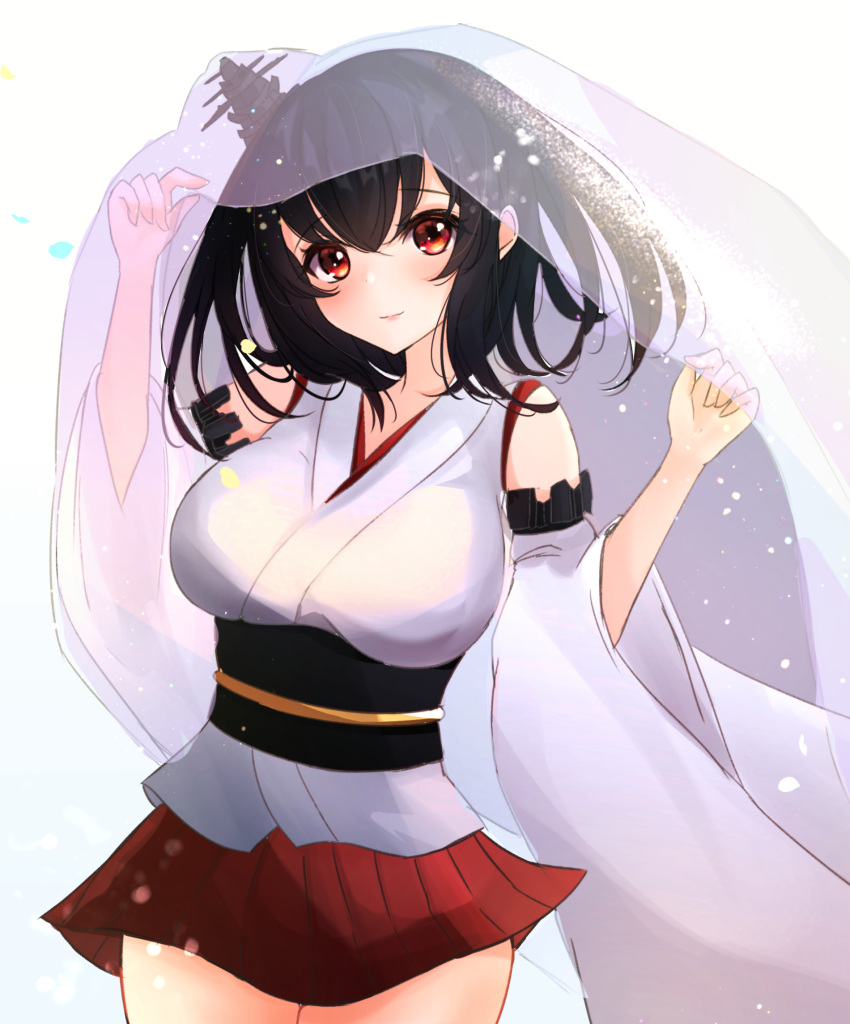 1girl bare_shoulders black_hair blush breasts detached_sleeves eyebrows_visible_through_hair floral_print gradient gradient_background hair_ornament hair_ribbon highres japanese_clothes kantai_collection kimisora large_breasts nontraditional_miko red_eyes remodel_(kantai_collection) ribbon short_hair signature solo upper_body wide_sleeves yamashiro_(kancolle) yamashiro_(kantai_collection)