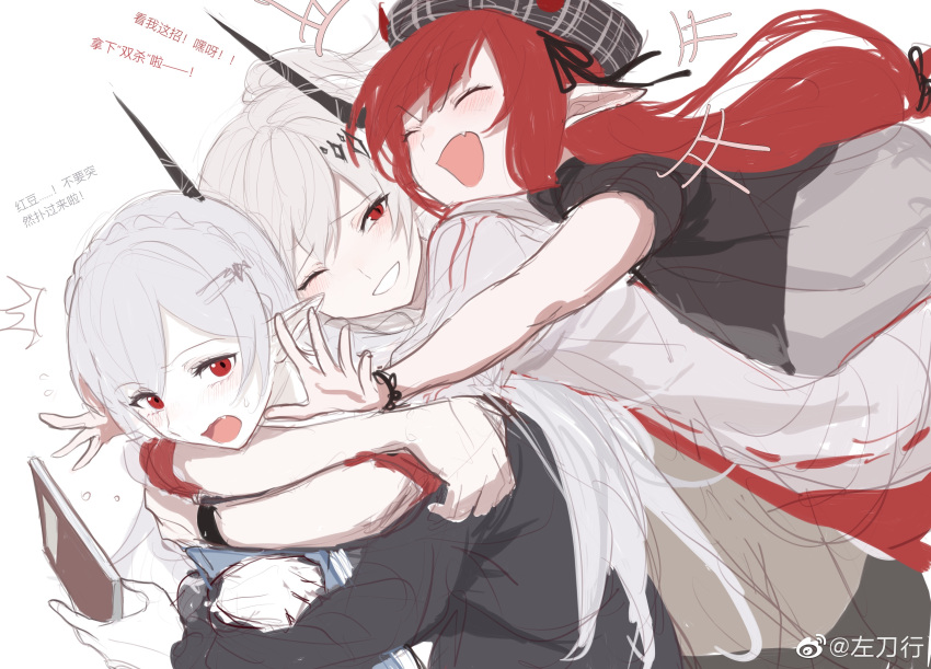 +++ 3girls ^^^ absurdres arknights artist_name black_headwear blush book bracelet braid chinese_commentary chinese_text closed_eyes crown_braid dutch_angle fang highres holding holding_book horns horns_through_headwear hug hug_from_behind jewelry laughing long_hair long_sleeves looking_back mudrock_(arknights) multiple_girls open_mouth pointy_ears red_eyes redhead short_sleeves silver_hair simple_background sketch sweatdrop translation_request upper_body very_long_hair vigna_(arknights) warfarin_(arknights) weibo_username white_background zuo_daoxing