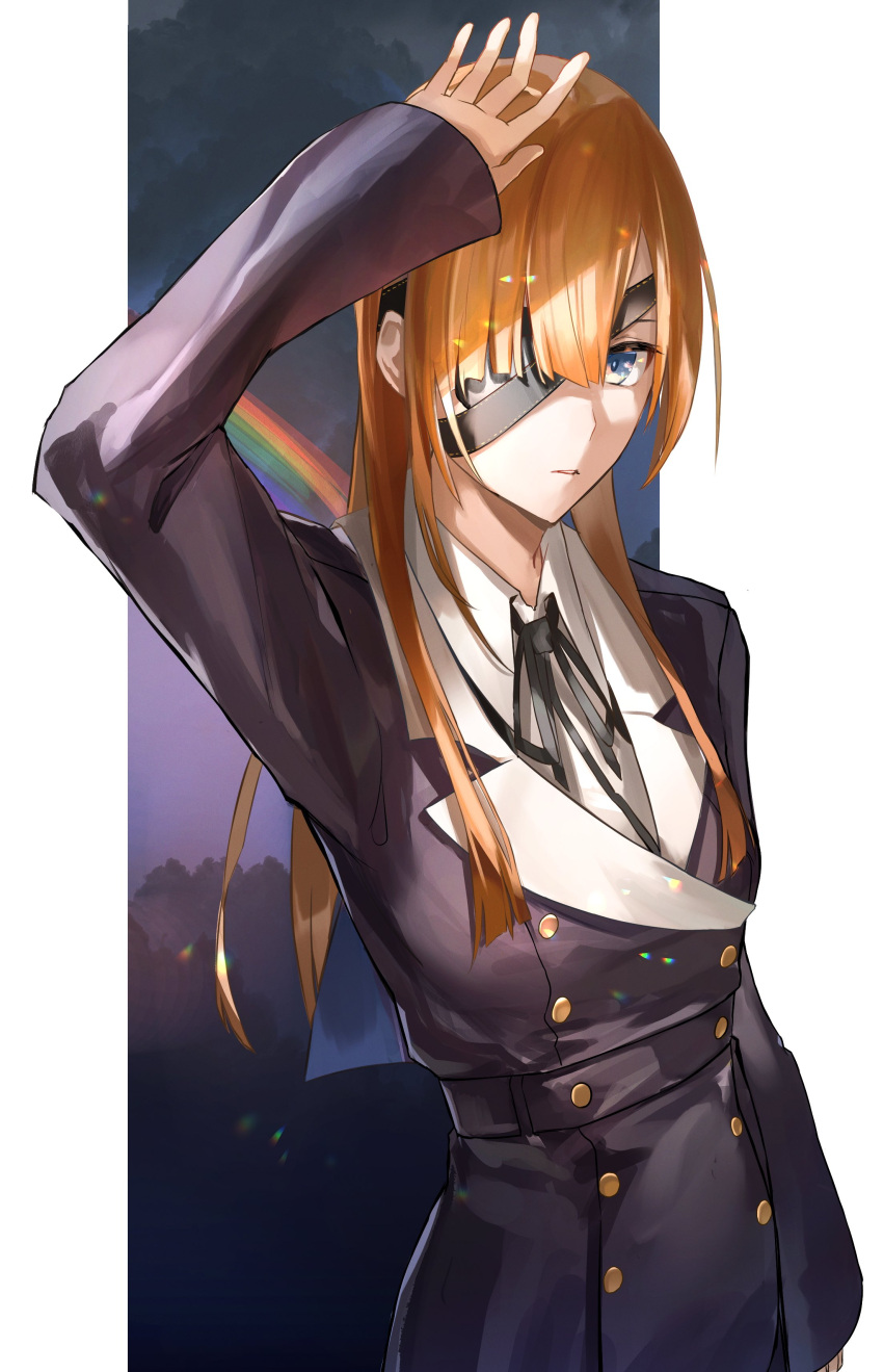 1girl absurdres arm_up bangs blouse bow bowtie breasts coat eyebrows_behind_hair eyebrows_visible_through_hair eyepatch fate/grand_order fate_(series) formal green_eyes hair_over_one_eye highres hoshi_rasuku long_hair looking_at_viewer ophelia_phamrsolone orange_hair rainbow ribbon solo standing suit