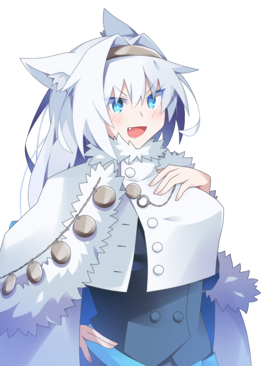 1girl animal_ears armored_boots bangs blue_bow blue_eyes blue_ribbon blush boots bow breasts brown_legwear buttons cape capelet cat_ears cat_girl cat_tail club_(weapon) crop_top crop_top_overhang dobrynya_nikitich_(fate) dress fate/grand_order fate_(series) fur-trimmed_capelet fur-trimmed_headwear fur_trim gauntlets grey_dress hair_bow hat knee_boots large_breasts long_hair long_sleeves looking_at_viewer low_ponytail open_mouth pantyhose ribbon short_dress solo tail thighs uryu0270 weapon white_cape white_capelet white_hair white_headwear