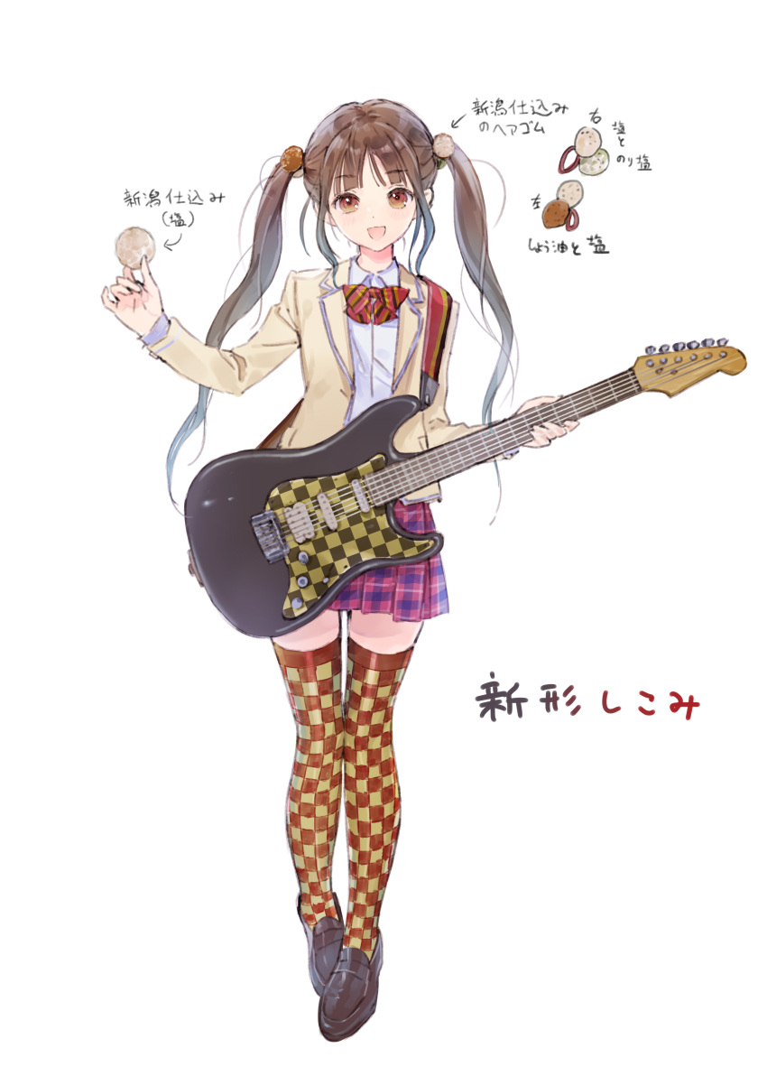 1girl absurdres blazer bow bowtie brown_eyes brown_hair checkered_clothes checkered_legwear commentary_request electric_guitar fender_stratocaster full_body guitar hair_bobbles hair_ornament highres instrument jacket kishida_mel loafers long_sleeves looking_at_viewer miniskirt open_mouth original plaid plaid_skirt pleated_skirt purple_skirt school_uniform shirt shoes skirt solo thigh-highs translation_request white_background white_shirt zettai_ryouiki