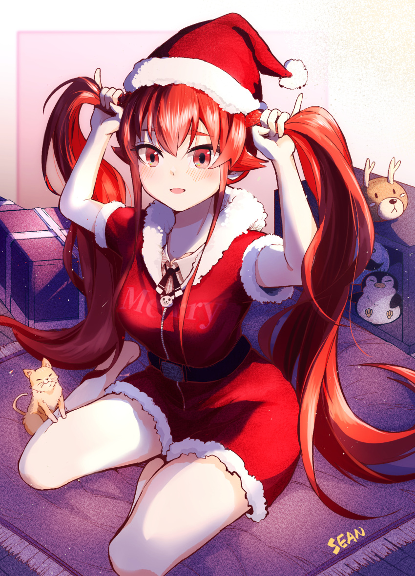 1girl :&lt; :3 artist_name bare_legs barefoot belt breasts carpet cat christmas closed_eyes closed_mouth collarbone commentary deer_head eris_greyrat eyebrows_visible_through_hair full_body fur_trim gift hair_between_eyes hands_up hat highres kitten long_hair mushoku_tensei open_mouth pinky_out red_eyes redhead santa_hat sean_(ted88211) seiza shelf short_sleeves sidelocks sitting solo stuffed_animal stuffed_penguin stuffed_toy twintails very_long_hair zipper zipper_pull_tab
