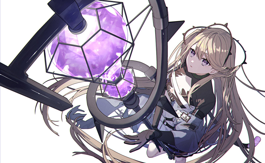 1girl arknights bangs brown_hair hair_ornament highres indigo_(arknights) infection_monitor_(arknights) long_hair looking_up parted_lips shrug_(clothing) simple_background snake_tail solo staff tail tngn96 very_long_hair violet_eyes white_background