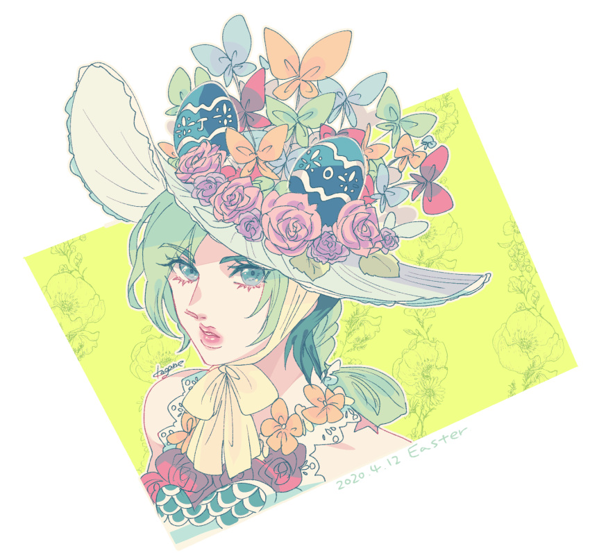 1girl black_hair blue_eyes bonnet braid double_bun easter_egg egg flower garland_(decoration) green_hair hat hat_flower highres jojo_no_kimyou_na_bouken kogatarou kujo_jolyne multicolored_hair solo stone_ocean two-tone_hair