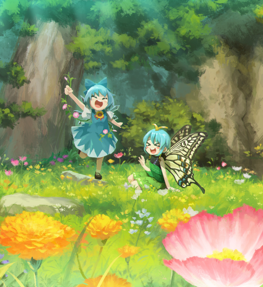 &gt;_&lt; 2girls antennae aqua_hair blue_bow blue_dress blue_hair blush_stickers bow brown_footwear butterfly_wings cirno closed_eyes detached_wings dress eternity_larva fairy flower green_dress hair_between_eyes hair_bow highres ice ice_wings ikusi leaf leaf_on_head morning_glory multicolored_clothes multicolored_dress multiple_girls open_mouth pink_flower round_teeth shirt shoes short_hair short_sleeves single_strap smile sunflower tanned_cirno teeth touhou tree upper_teeth white_flower white_shirt wings yellow_flower